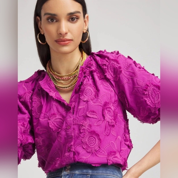 Chico's Tops - Chico's NWT 3/4 Puff Sleeve Fashion Top Embroidered 3D Floral African Violet 20